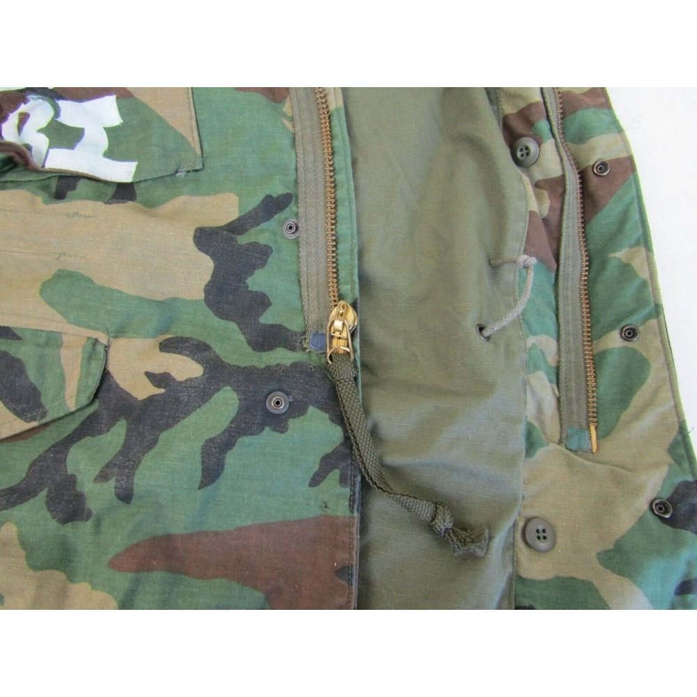 VTG 80s Military Camo Coat Field Jacket Hoodie M65 Woodland Punk Cargo Mens XS - Picture 10 of 14